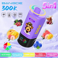 Purple BANBSIDE 5-in1 vape device with fruit flavors text and bubbles showing blueberries, mango, and cherries, plus 300K puff claim
