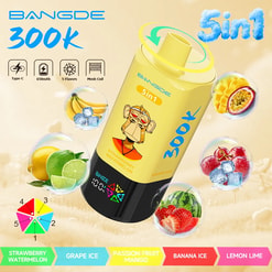BANGDE 5-in-1 vape device in yellow with flavor icons and “300k” text, featuring fruit illustrations around it