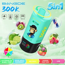Teal BanGde 5-in-1 3000k vape device with flavors and bubble fruit icons, including watermelon gum and Red Bull