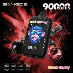 Black vaping device with blue laughing face graphic amid red smoke and cherry-themed fireworks, 90 Puffs text visible