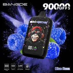 Bangde vape device with cartoon skull graphic, “90 Puffs” text, and blue Razz theme background with bubbles