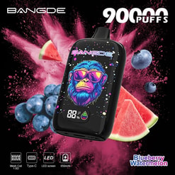 Black BAN GDE pod vape device with colorful goggle gorilla graphic, fireworks background, and flavor text Blueberry Watermelon