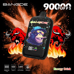 Black vape device with blue-eyed skull graphic, fiery bull emblems, and “90 Puffs” text on energy drink background