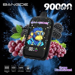 Black vape device with digital screen showing a blue gorilla, surrounded by grape and blackcurrant graphics with blue splash effects