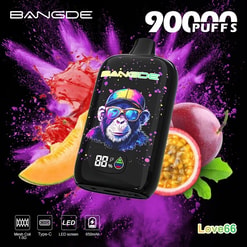Black Loveb BANGDE vape device with monkey graphic, purple energy splash background and “90Puffs” text