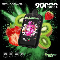Black Vape device with colorful skull graphic, surrounded by strawberry and kiwi on a green splatter background, with text