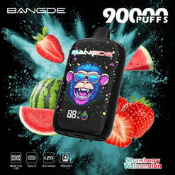 Black vape device with colorful cartoon face, “9000 PUFFS,” and fruit burst background of strawberries and watermelon