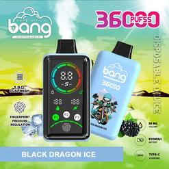 Vape device display and blue disposable pod showing “black dragon ice” with 3,600 puffs label and 850mAh capacity