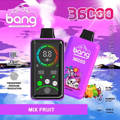 Purple disposable vape with dual pods, 3,000 PUFFS claim, mix fruit flavor, and display panel and icons