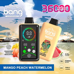 Vape device and disposable pod packaging featuring “Mango Peach Watermelon” flavor and “3500 Puffs” on a scenic background