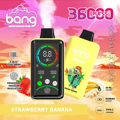 Promotional vape device with digital screen and two cartridges labeled 3500 Puffs, Disposable, Strawberry Banana