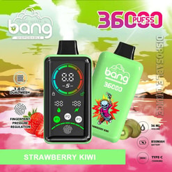 Green and black “bang” 3-in-1 disposable vape device next to a matching pod, labeled Strawberry Kiwi and 36CC 850mAh