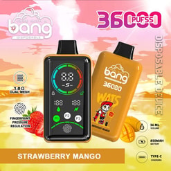 Disposable vape set showing a black 3BCPOD device and amber “Strawberry Mango” pod with specs like Type-C and 850mAh