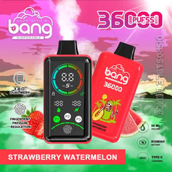 Red 3BC Puffs disposable vape with black control screen, “Strawberry Watermelon” label and features graphics