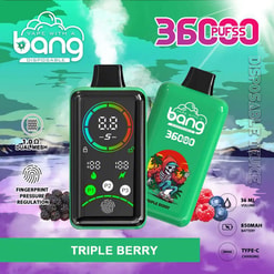 Green disposable vape with dual mesh, fingerprint pressure regulation screen, and 36Puffs 36ml Triple Berry text