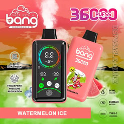 Pink disposable vape device labeled Watermelon Ice with dual displays, fingerprint features, and 36ml volume text