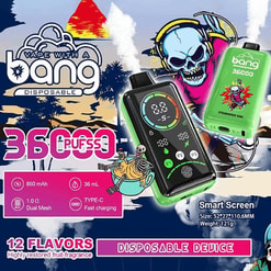 Colorful collage advertising a vape disposable device with “Vape with a Bang,” “3600,” and “Smart Screen” text and icons