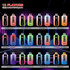 Row of colorful disposable vape juice boxes labeled 12 flavors with flavor names like watermelon ice, strawberry kiwi, and mango peach