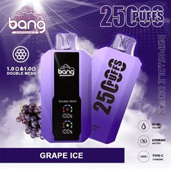 Purple disposable vape device advertisement showing “25 C Puffs” and “Grape Ice” flavor