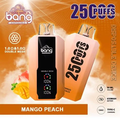 Bang disposable vape device packaging showing “25 puffs,” “Mango Peach,” and “Disposable 30 ml” text