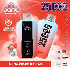 BanG vape device and disposable flavor pack labeled 25 puffs, Strawberry Ice, 30 ml, 650 mAh, Type-C charging