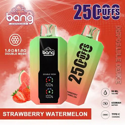 Vape device and disposable pod packaging with “Strawberry Watermelon” flavor text and “25 Puffs” graphic