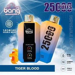Vape device and disposable pod pack labeled 25 Puffs Tiger Blood, featuring double mesh specs and Type-C charging icons
