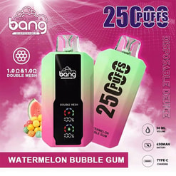 Vape device and e-liquid pod labeled 25 puffs, Watermelon Bubble Gum, with specs like 30 ml and Type-C charging