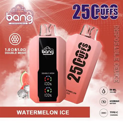 Vape device pod pack showing “25 PUFFS” and “Watermelon Ice” flavor on a red graphic background