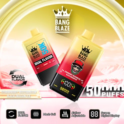 Promotional image for Bang Blaze dual flavor vape, with strawberry watermelon and black dragon ice bottles and “300 puffs” text