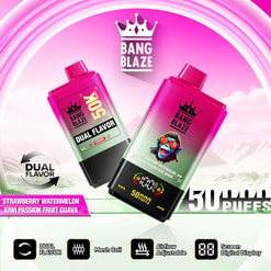 Bang Blaze dual-flavor vape pods with crown logo, “50 puffs,” and 300 vape icons on a pink landscape backdrop