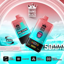 Two vape pods with crown logo reading “BANG BLAZE,” flavor “Dual Flavor,” and “50 Puffs” text on a blue icy background