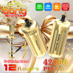 Gold disposable e-cigarettes with “Vape with a bang”, “12 flavors”, and “42000 puffs” text