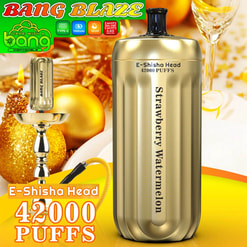 Gold E-Shisha vape device with “42000 Puffs” text on a colorful Bang Blaze promotional background
