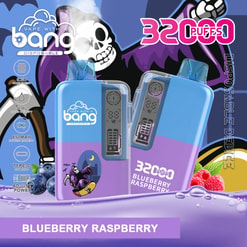 Vape disposable device packaging showing 32 puffs, blue-label flavor “Blueberry Raspberry,” with skull graphic background