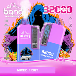 Vape disposable device ad showing 32 puffs mixed fruit flavor with purple and blue pods and flame graphic background