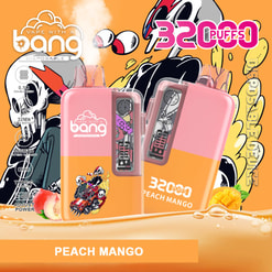Promotional graphic for 32Cuffs disposable vape, Peach Mango flavor with pink-and-orange devices and flavor text