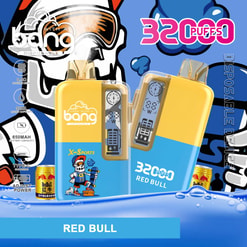 Vape product ad showing two yellow-and-blue e-cigarettes, “32 Puffs” and “RED BULL” branding with Red Bull can