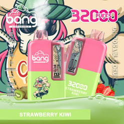 Pair of pink and green disposable vape devices labeled 32 Puffs Strawberry Kiwi on a tropical fruit background