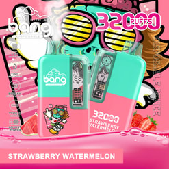 Colorful vape disposable ad showing two mint-and-pink devices labeled 32 Puffs and Strawberry Watermelon