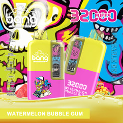 Two neon vape disposable devices with “32 Puffs” and “Watermelon Bubble Gum” text on a colorful background
