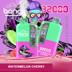 Vape disposable device packaging advertising 32Puffs Watermelon Cherry on a purple cartoon background