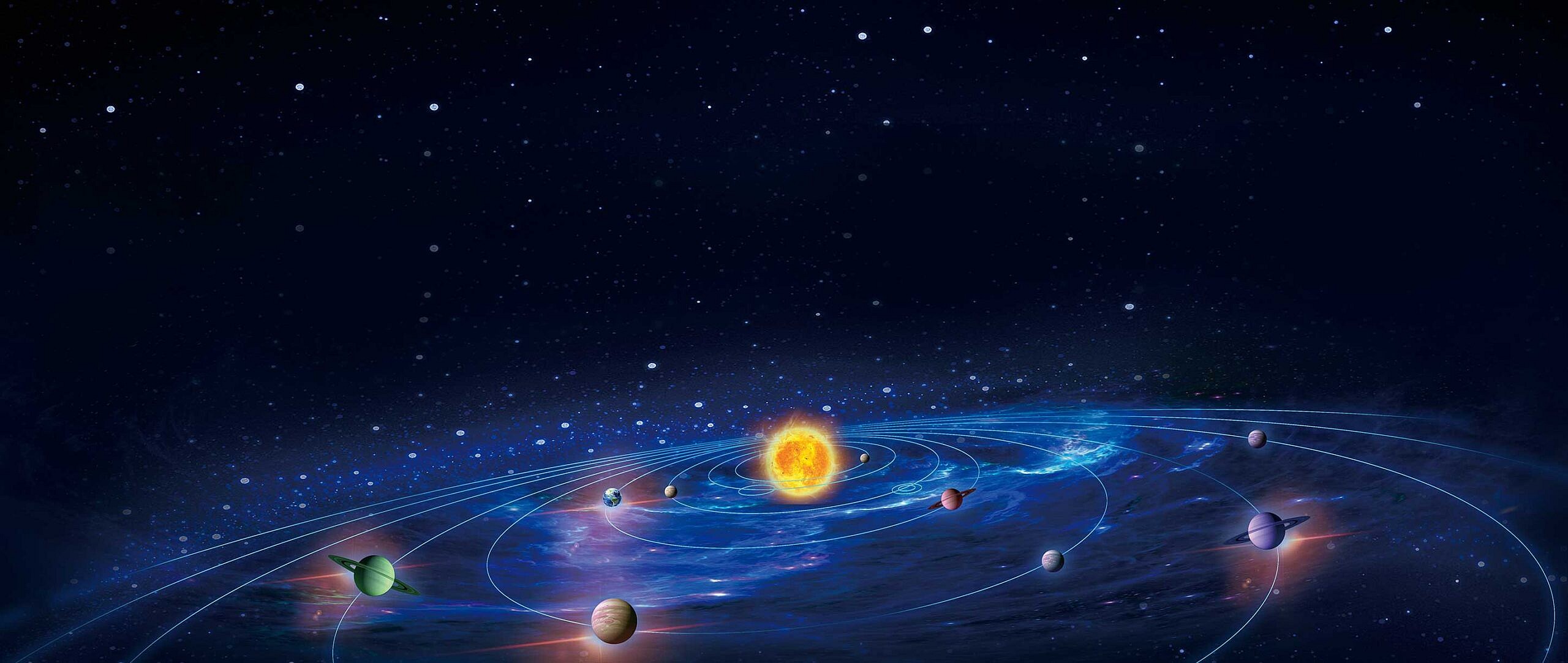 Illustrazione digitale del sistema solare con il sole che splende al centro, circondato da pianeti che orbitano lungo percorsi ellittici, sullo sfondo dello spazio profondo pieno di stelle e galassie.