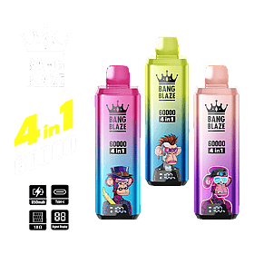 Tre colorati dispositivi di svapo Bang Blaze 60000 4 in 1 con scimmie stilizzate dei cartoni animati sulla parte anteriore, con specifiche del prodotto come batteria da 650 mAh, ricarica di tipo C, resistenza da 1,0 ohm e display digitale mostrati accanto ai dispositivi