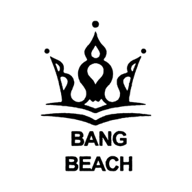 Stylized black line art crown above two wavy lines, with the words 'BANG BEACH' in bold black letters below.