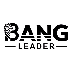 Logo design featuring the word 'BANG' with a stylized lion head integrated into the letter 'B' and 'LEADER' written below with horizontal lines on either side.