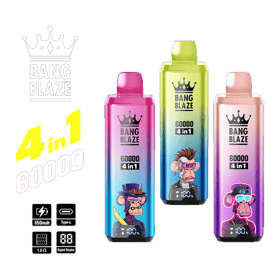Three colorful Bang Blaze 60000 4-in-1 vape devices featuring stylized cartoon apes on the front, with product specifications like 650mAh battery, Type-C charging, 1.0 ohm resistance, and digital display shown alongside the devices