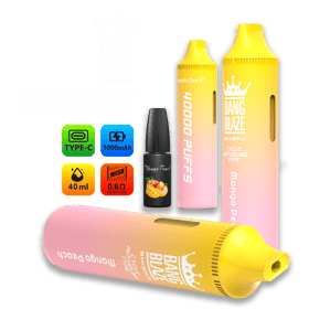 Three yellow and pink gradient Bang Blaze Mango Peach disposable shisha devices with black mango peach flavor refill bottle, showing 4000 puffs, Type-C charging, 1000mAh battery, 40ml e-liquid, and 0.6 ohm mesh coil features