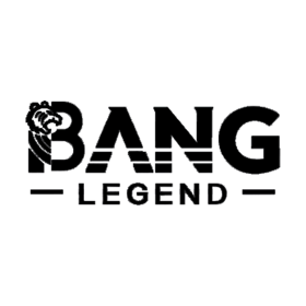 Logo with the word BANG in bold block letters, the B featuring a lion's head integrated into its left side, and the word LEGEND in smaller capital letters below, flanked by short horizontal lines on either side.