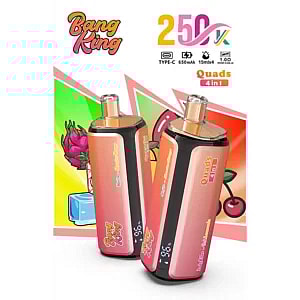 Two pink and black vape devices standing side by side with colorful geometric background and "Bang King" branding.